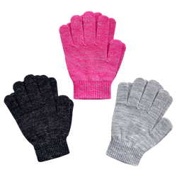 EvridWear Kids Winter Gloves - 3 Pairs Black/Pink/Grey Print Knit (Boys & Girls)