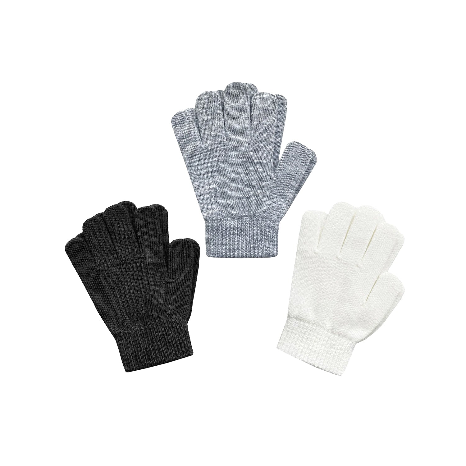 EvridWear Kids Winter Gloves - 3 Pairs White/Black/Grey Knit (Boys &amp; Girls)