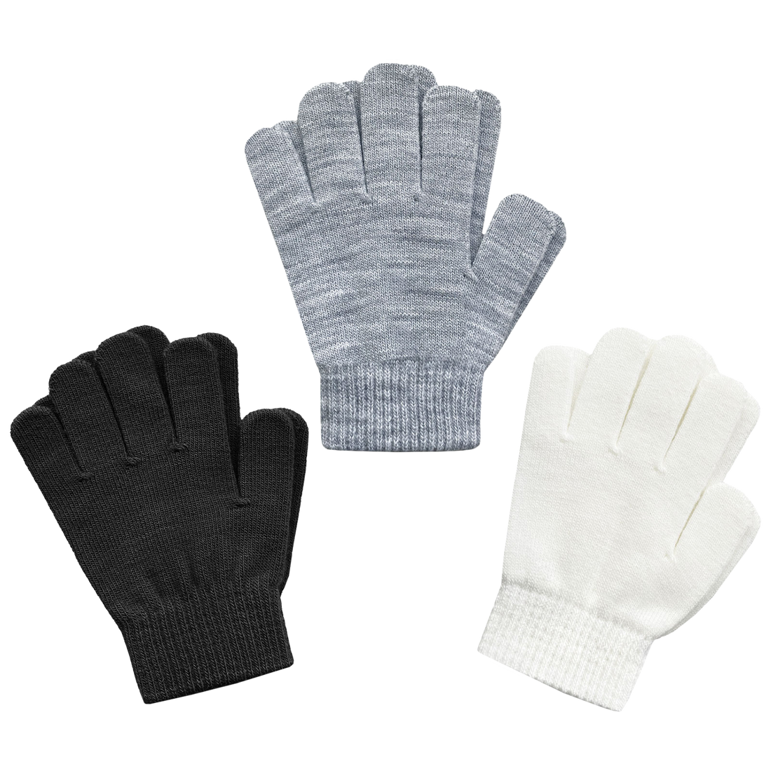 EvridWear Kids Winter Gloves - 3 Pairs White/Black/Grey Knit (Boys &amp; Girls)