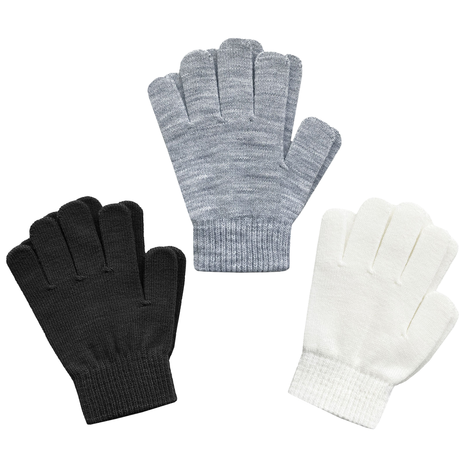 EvridWear Kids Winter Gloves - 3 Pairs White/Black/Grey Knit (Boys &amp; Girls)