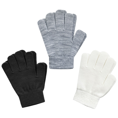 EvridWear Kids Winter Gloves - 3 Pairs White/Black/Grey Knit (Boys &amp; Girls)