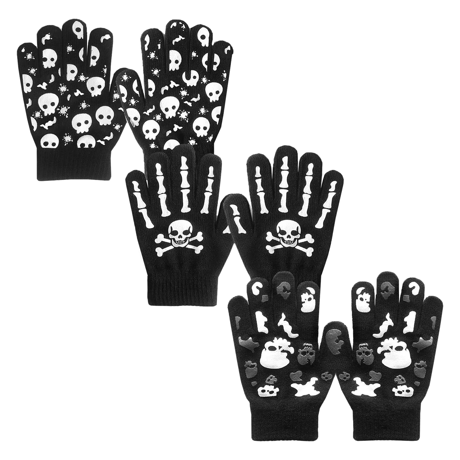 EvridWear Kids Winter Gloves - 3 Pairs Skull Knit (Boys &amp; Girls)