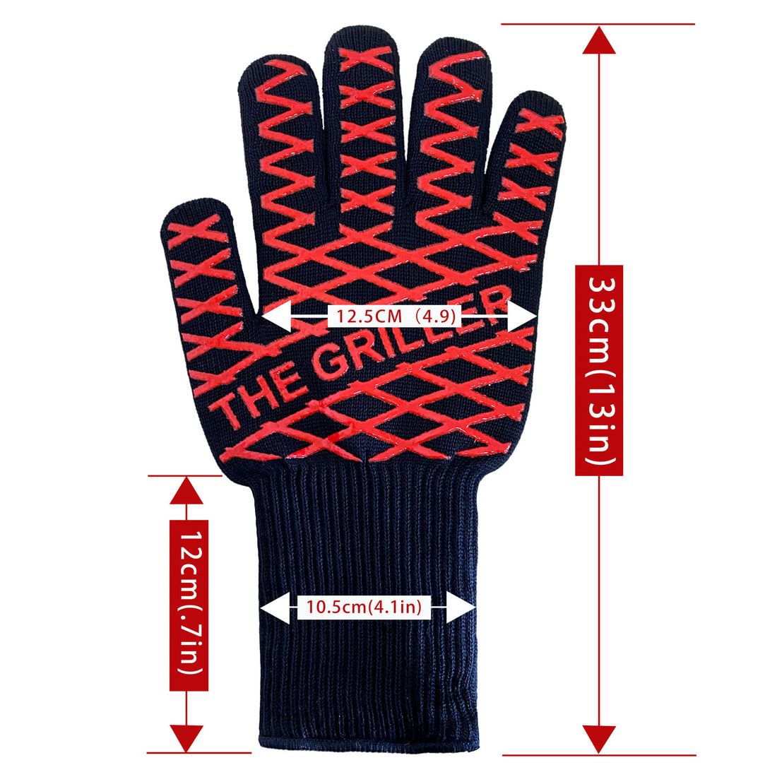 The gloves are 5in or 12.5cm wide at the palm. The total length of the glove is 13in or 33 cm. The cuff is 5in or 12cm long, and 4in or 10.5cm wide.