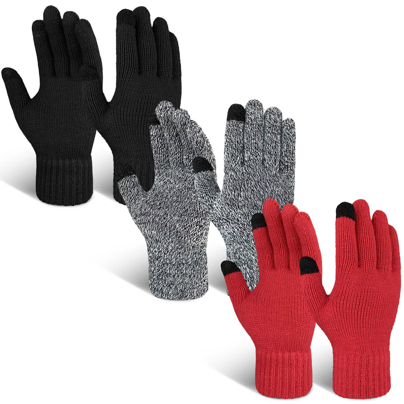 EvridWear 3 Pairs Fingerless Touchscreen Gloves - Thermal &amp; Warm (Black/Light Grey/Red)