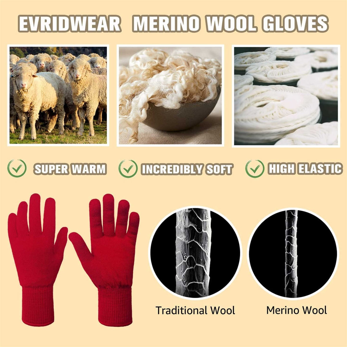 EvridWear 1 Pair Merino Wool String Knit Liner Full Finger Gloves, Men Women (Red)