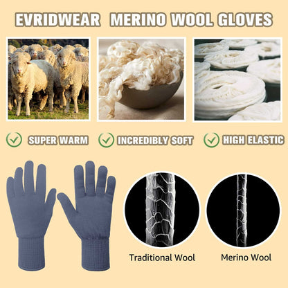 EvridWear 1 Pair Merino Wool String Knit Liner Full Finger Gloves, Men Women (Gray)