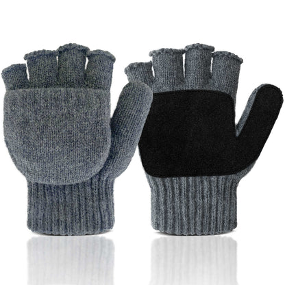 Convertible Fingerless Winter Gloves w/ Anti-Slip Suede Leather Palm and Thumb