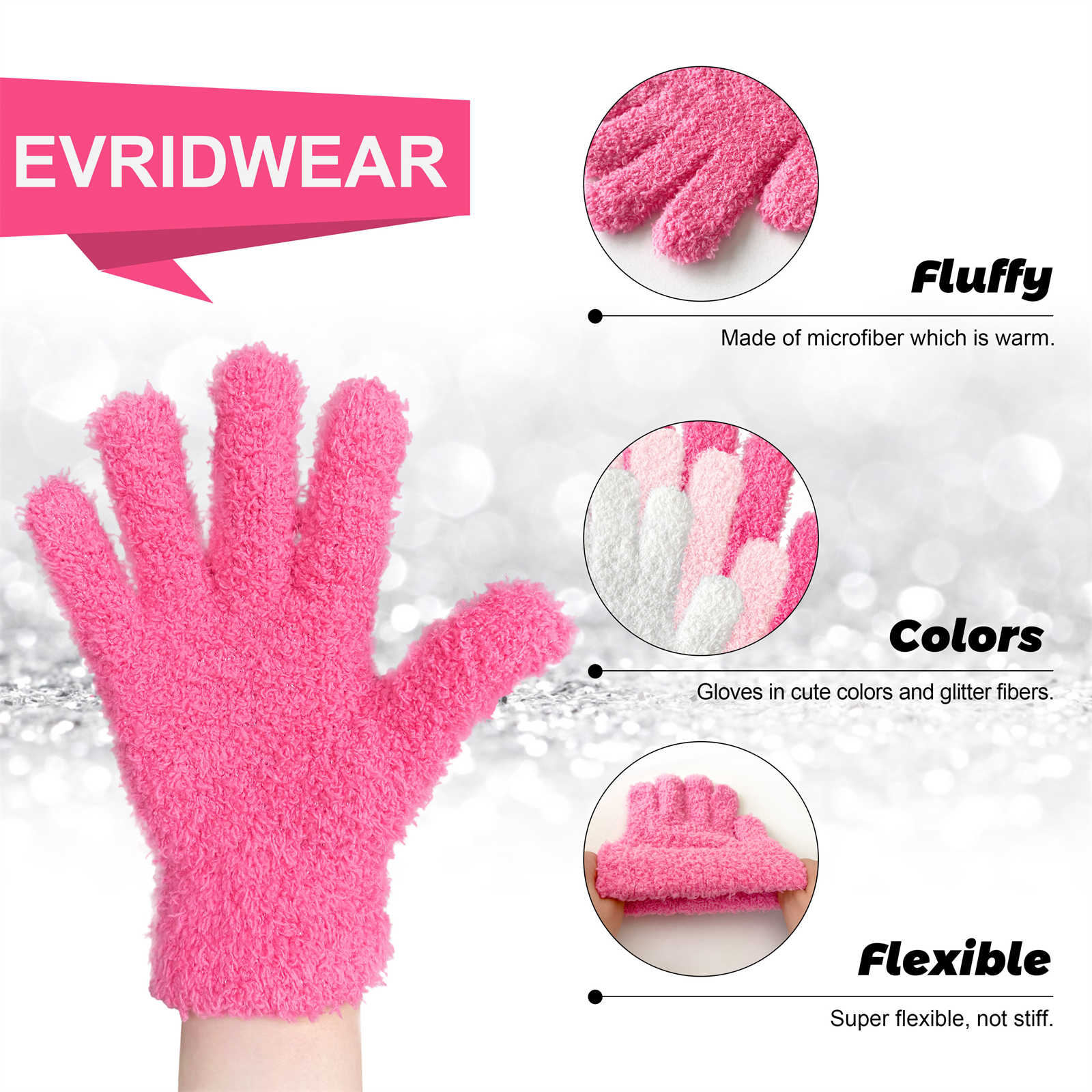 EvridWear Kids Fluffy Winter Gloves Neon Pink - Warm &amp; Stretchy