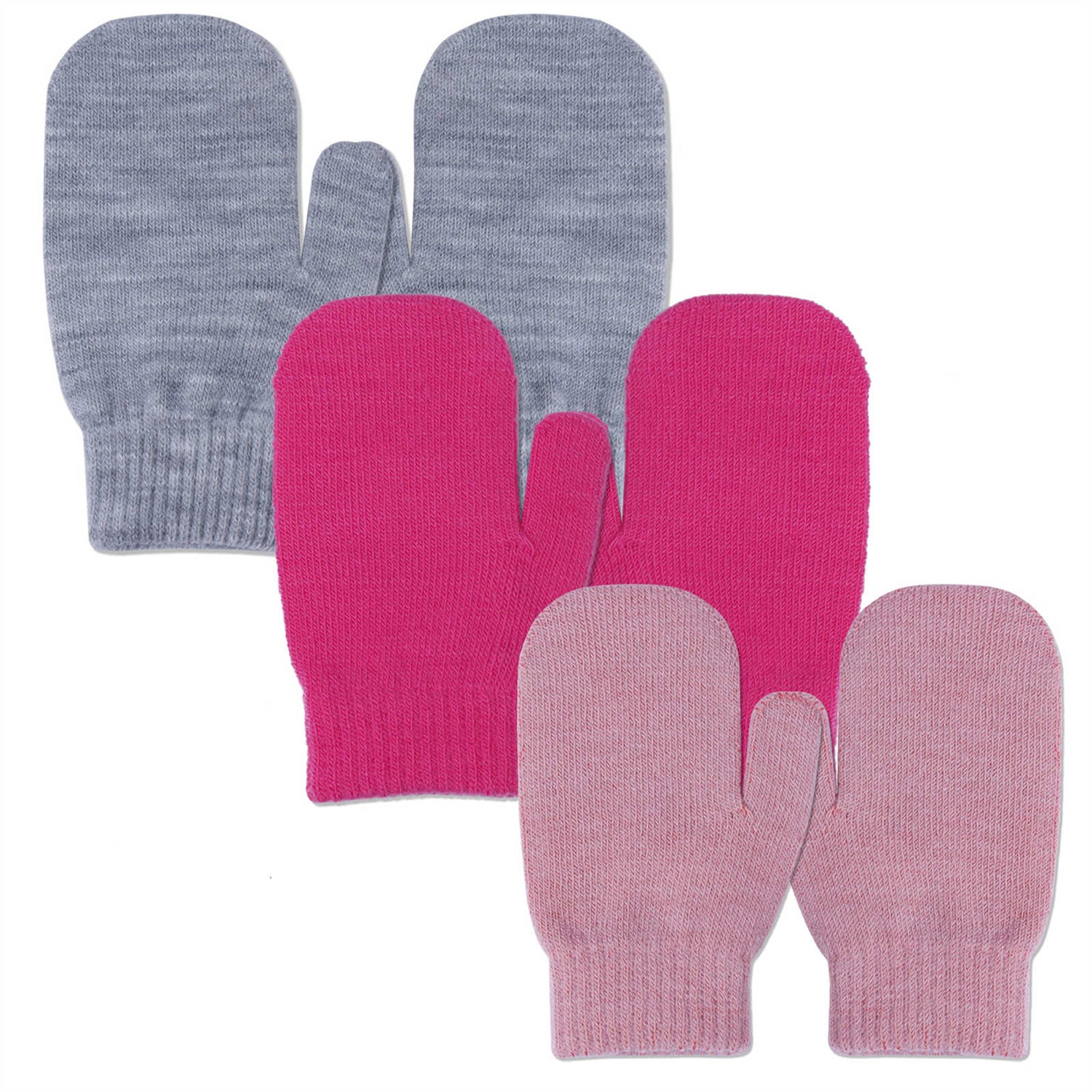 EvridWear Toddler Mittens - 3 Pairs, Warm Knit (Ages 4-6) - Grey/Rose/Pink