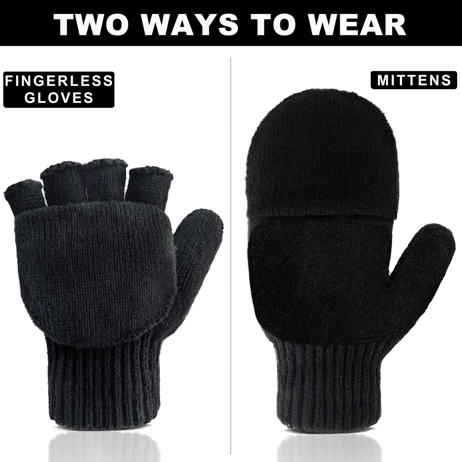 Convertible Fingerless Winter Gloves w/ Anti-Slip Suede Leather Palm and Thumb