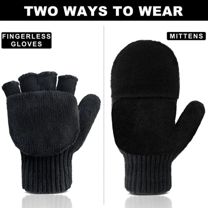 Convertible Fingerless Winter Gloves w/ Anti-Slip Suede Leather Palm and Thumb