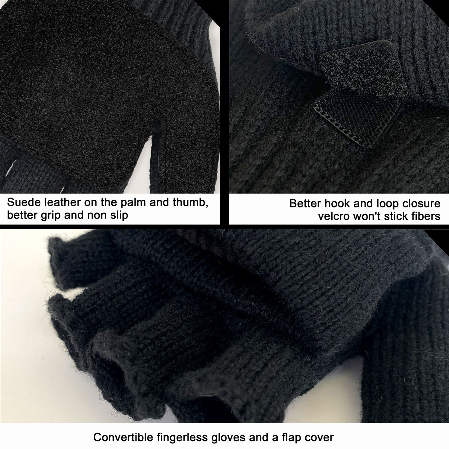 Convertible Fingerless Winter Gloves w/ Anti-Slip Suede Leather Palm and Thumb