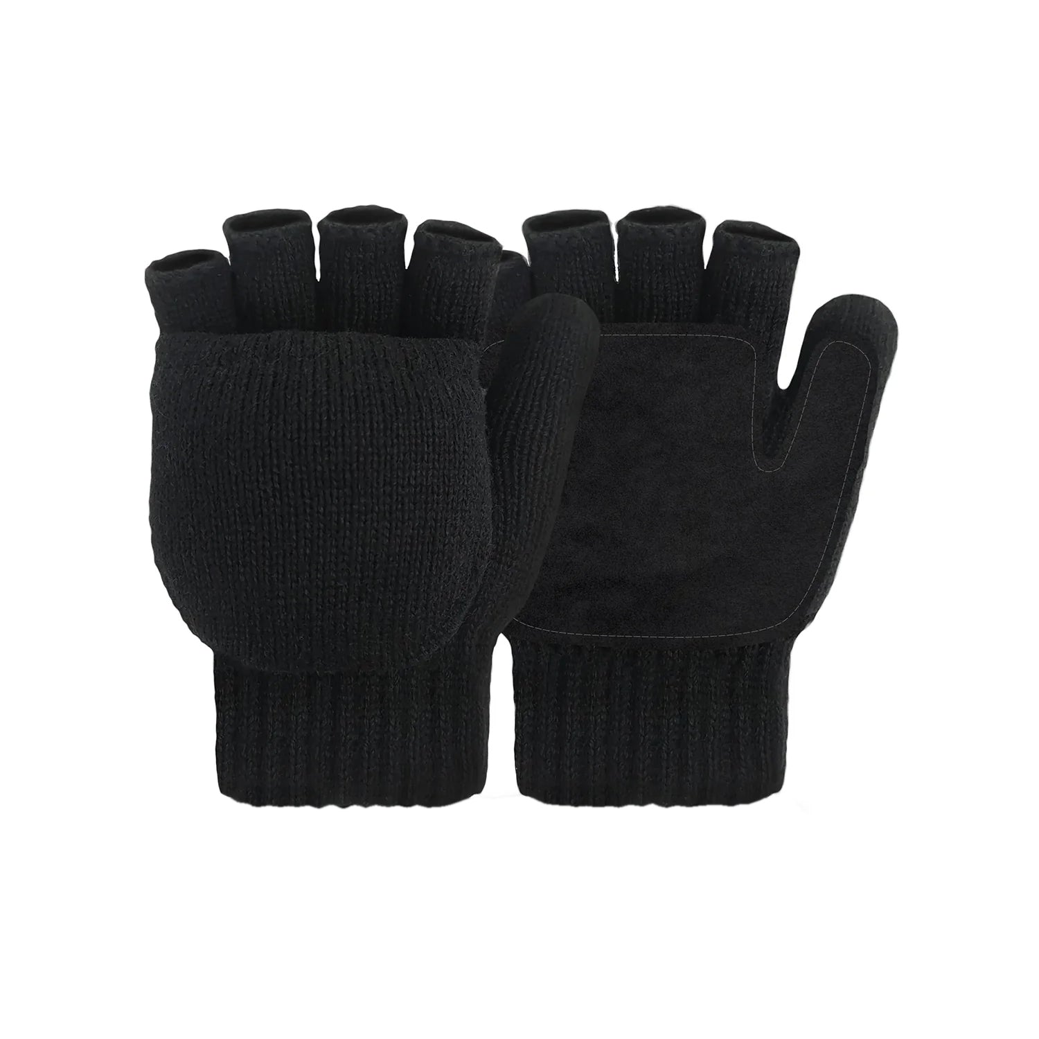 Convertible Fingerless Winter Gloves w/ Anti-Slip Suede Leather Palm and Thumb
