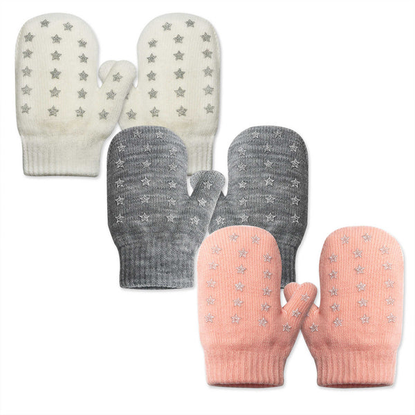 EvridWear Toddler Mittens - 3 Pairs, Warm Knit (Ages 4-6) - White/Gray/Pink