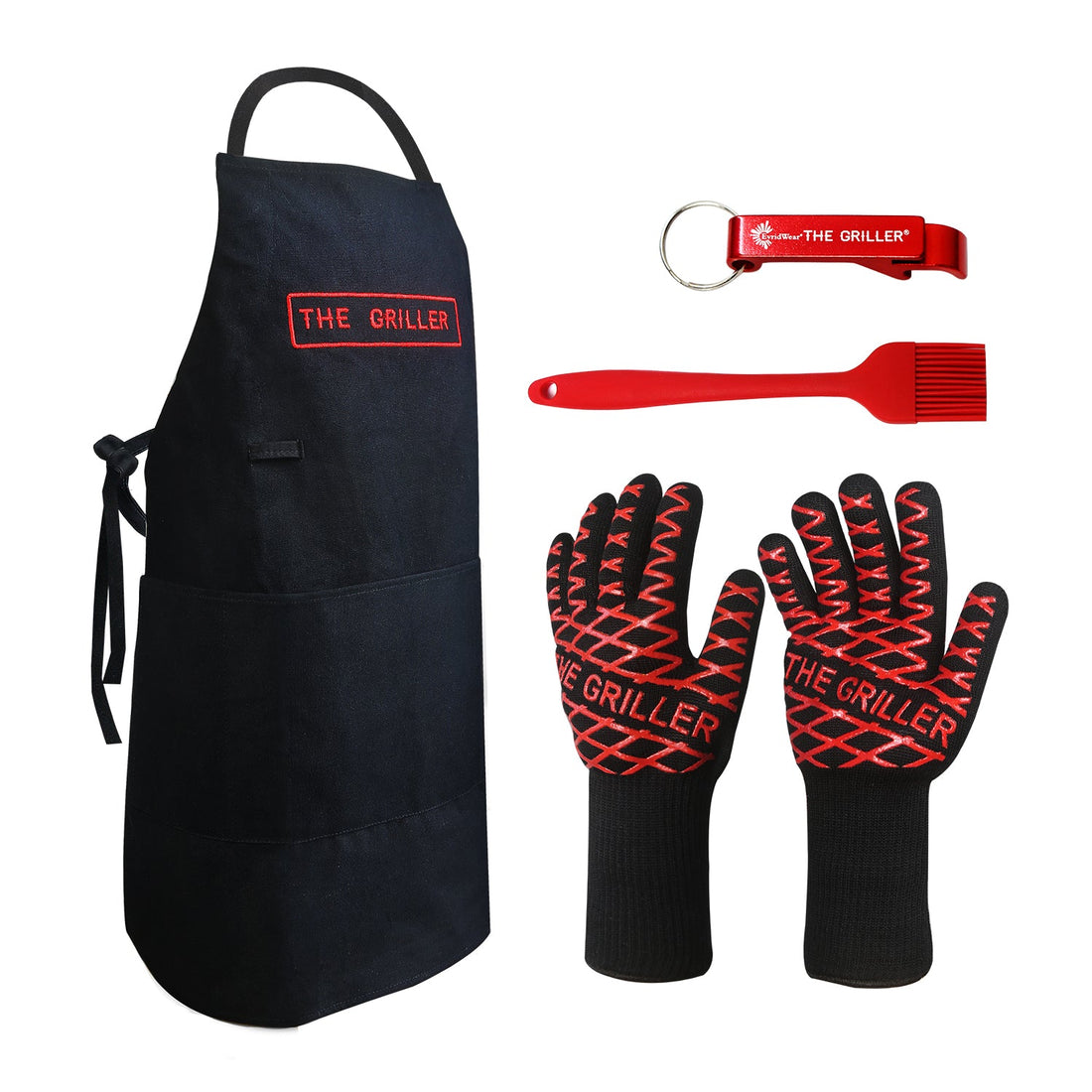 The Griller Cooking Kit includes an apron, basting brush, bottle opener, and heat resistant gloves.