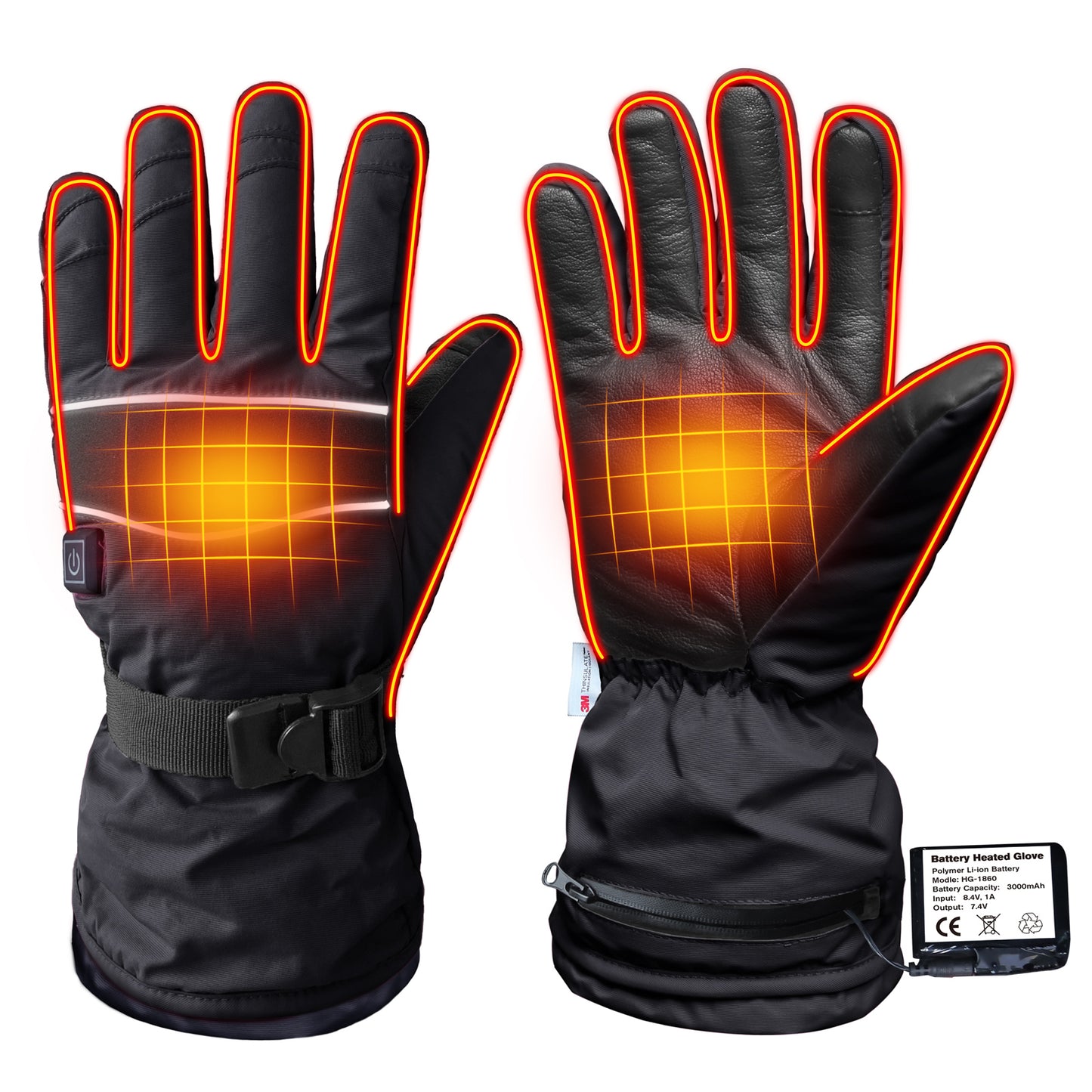 EvridWear 1 Pair 9 Hours Heated 3M Ski Gloves with 2 Rechargeable Battery