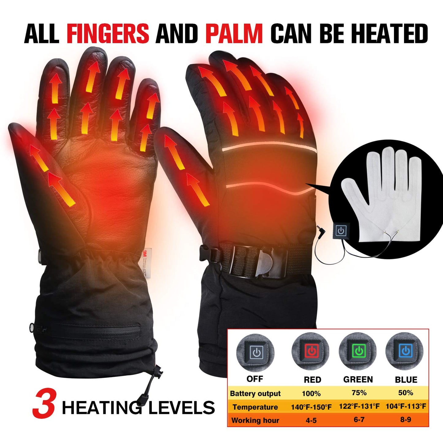 EvridWear 1 Pair 9 Hours Heated 3M Ski Gloves with 2 Rechargeable Battery