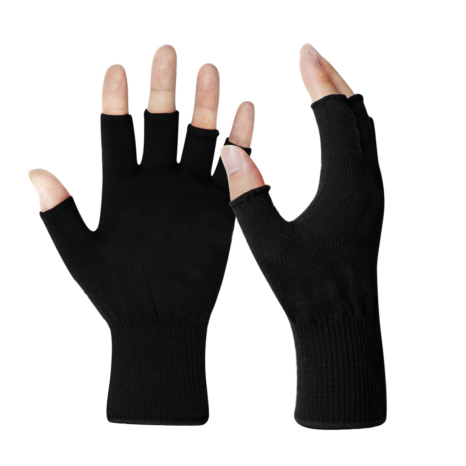 Evridwear 1 Pair Merino Wool String Knit Liner Fingerless Touchscreen Gloves, Men Women (Black)