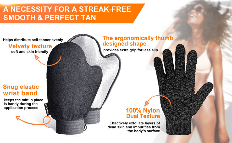 Evridwear Self Tanning Mitt Applicator Kit, Exfoliating Glove Fake Tanning Mitten Sunless Tanners for Streak-Free Flawless Tan