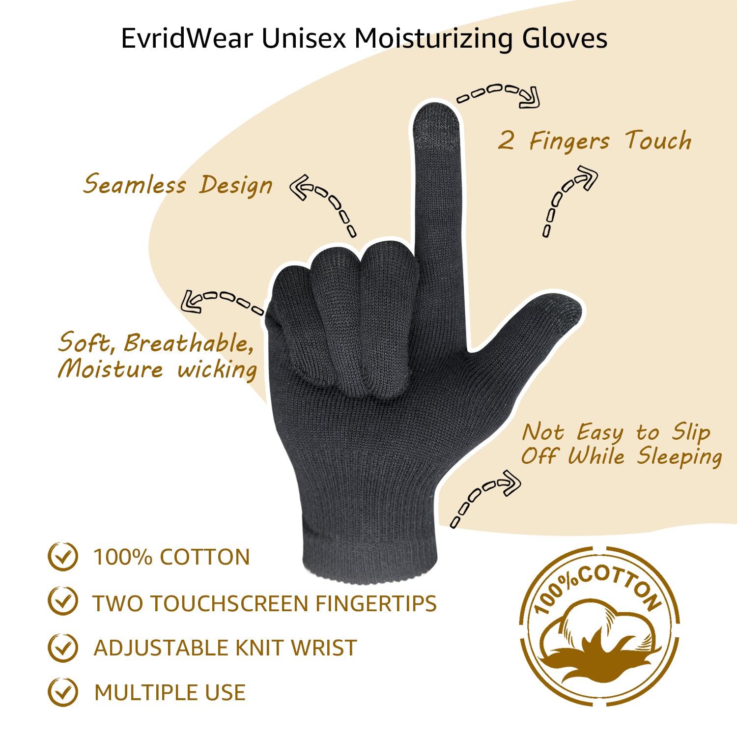 EvridWear Men Moisturizing Cotton Gloves with Touchscreen Fingertips for Eczema Dry Hands Sensitive Irritated Skin, 6 Pairs, Lightweight-EvridWearUS